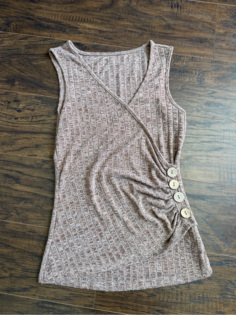 SHEIN Taupe Ribbed Faux-Wrap Tank with Side Buttons